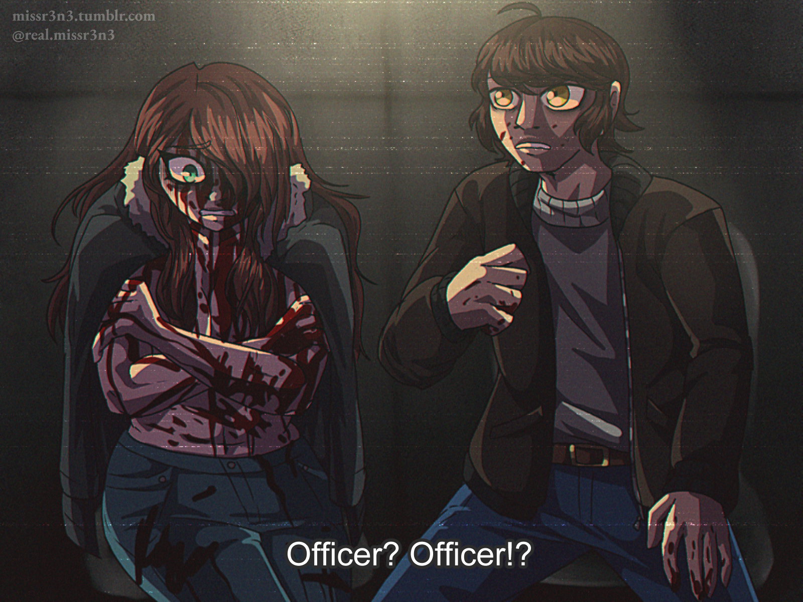 a fake anime screenshot of vanessa and ben from the cabin tales christmas special. text in the style of fansubs reads 'officer? officer!?'